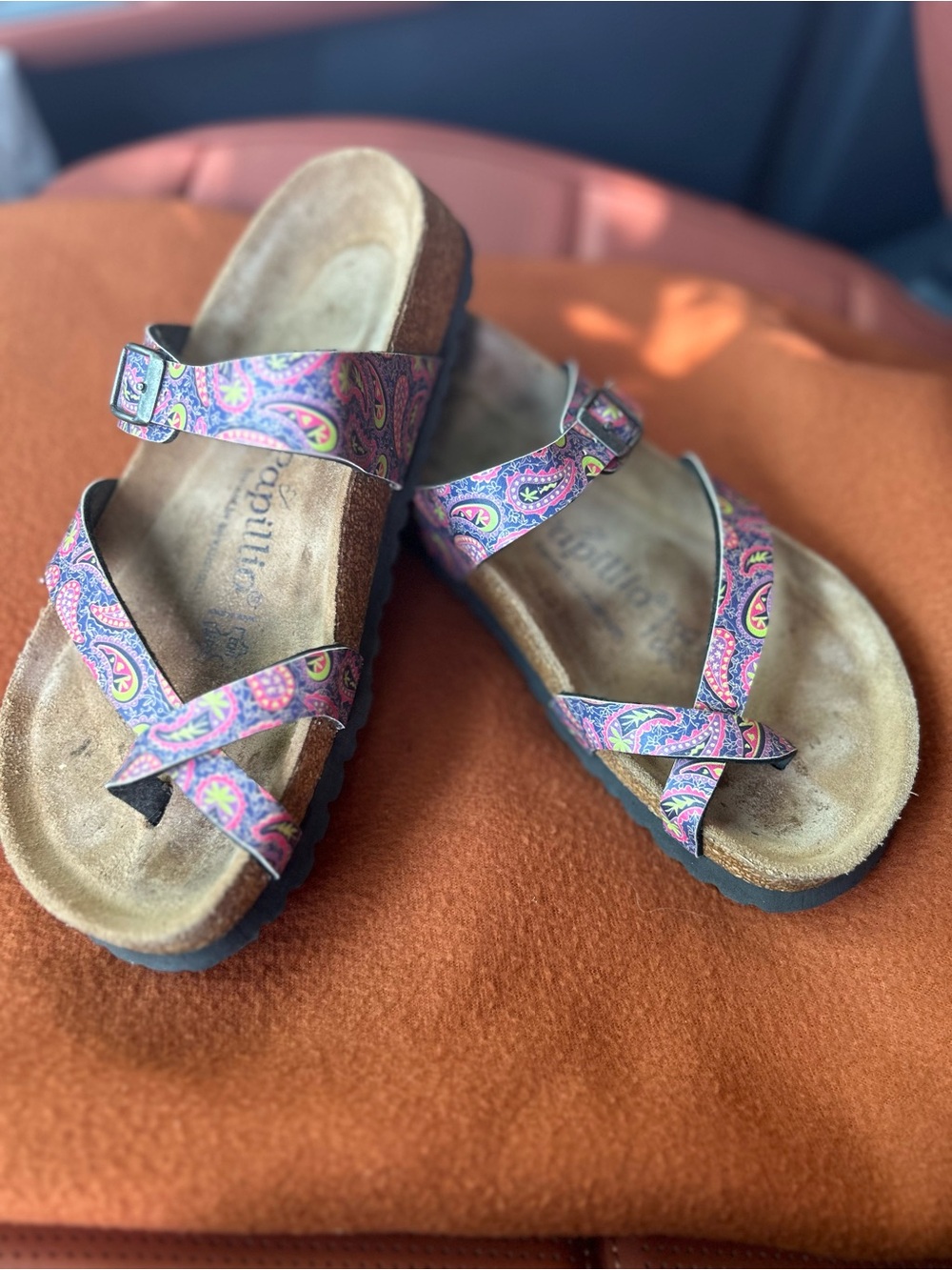 Birkenstock Papillio Multicolor Paisley Pattern Mayari Two-Strap Sandals size 7
